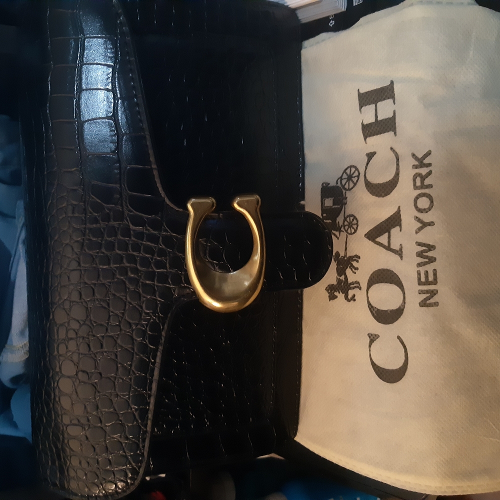 Coach Black Croc Embossed Bag with Gold Accent